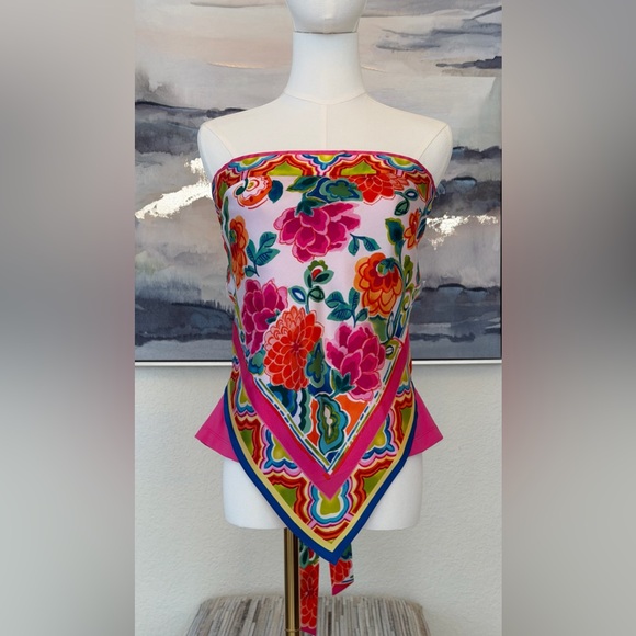 Cache Tops - Caché Y2K Silk Scarf/Handkerchief Print Strapless Top Floral Bandana Hem